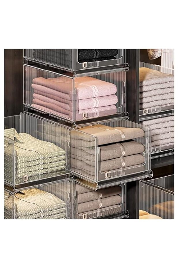 TAPIT Stackable Plastic Storage Basket for Closet Wardrobe Organizer and Bin - Sweater Drawer Shelf Container for Cupboard Kitchen Bathroom Office Bedroom (Medium)