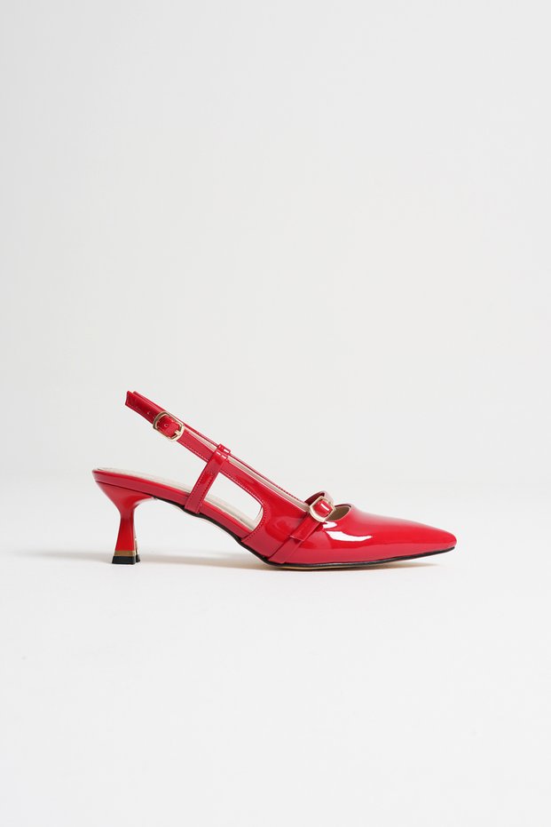 Red Patent Leather Women's 5 cm Open Back Stiletto Special Design Heel Imported Buckle Stylish Comfortable New Season
