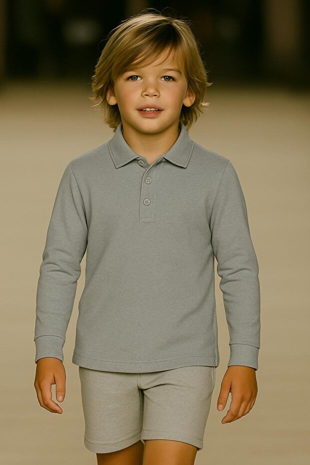 تيشيرت مدرسي بياقة بولو وأكمام طويلة للأطفال من الجنسين، بلون سادة