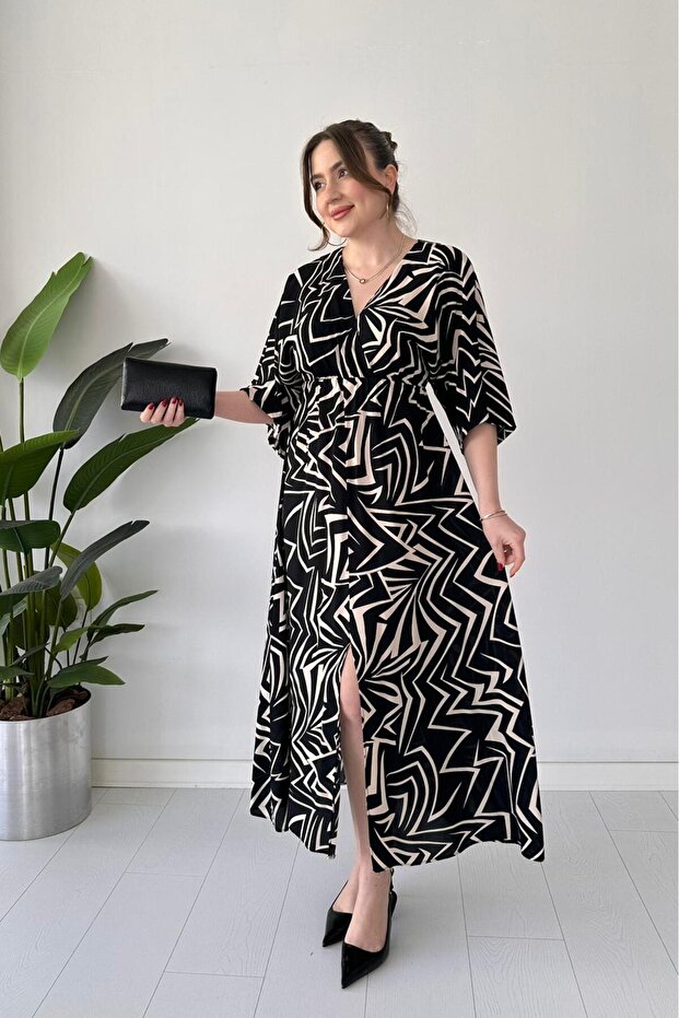 Zigzaglı Yarasa Elbise Siyah - 1