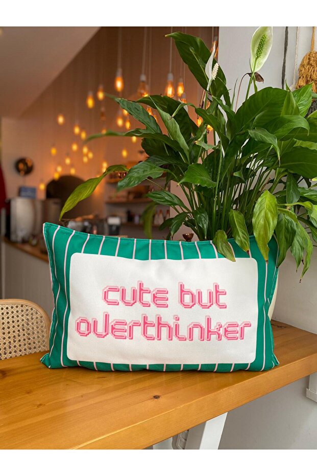 Cute but Overthinker Written Pink Striped Decorative Green Suede Throw Pillow Cover - 30X50Cm