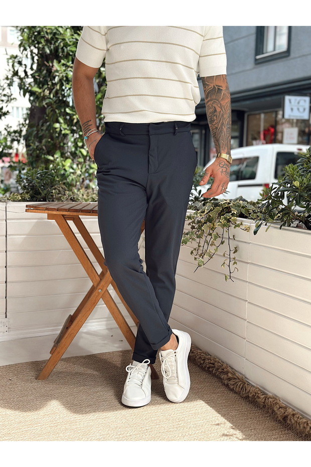 بنطال أساسي ذو أزرار مخفية وساق مزدوجة باللون الأزرق الداكن - 5