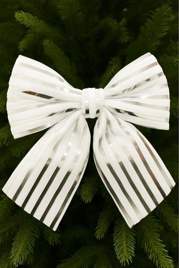 Christmas Tree Ornament 26 cm White Silver Striped Decorative Bow