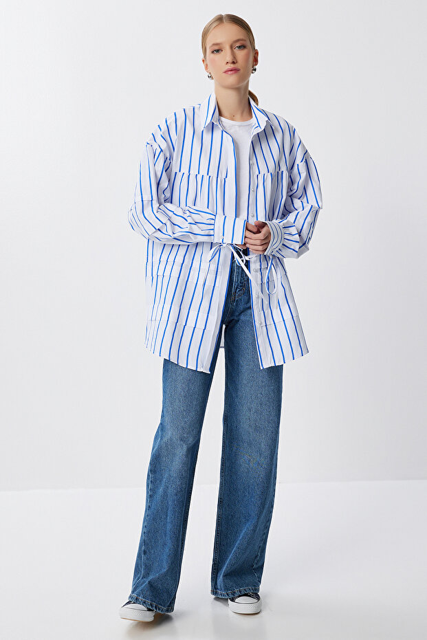 Striped Balloon Sleeve Woven Shirt Lfg0137 Blue White