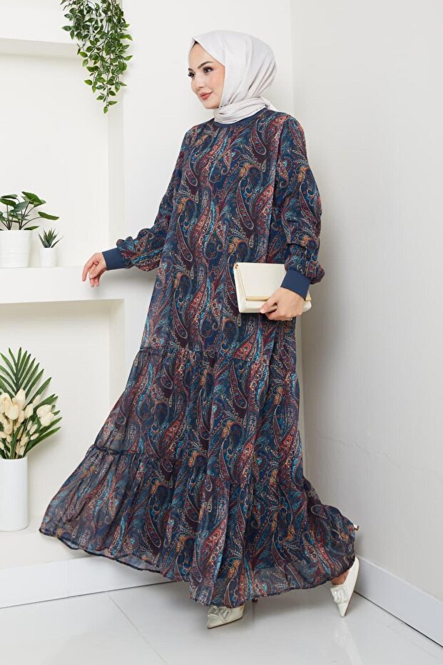 Women's Lined Navy Blue Chiffon Shawl Pattern Dress