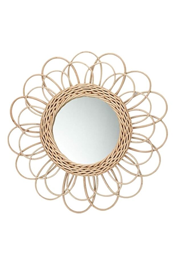 YARNOW Rattan Wall Hanging Mirror - Boho Wood Framed Farmhouse Decorative Rustic Wicker Makeup Dressing Photography Mirror 40x40cm