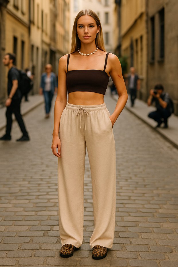 Women's Wide Leg Elastic Waist Cream Trousers