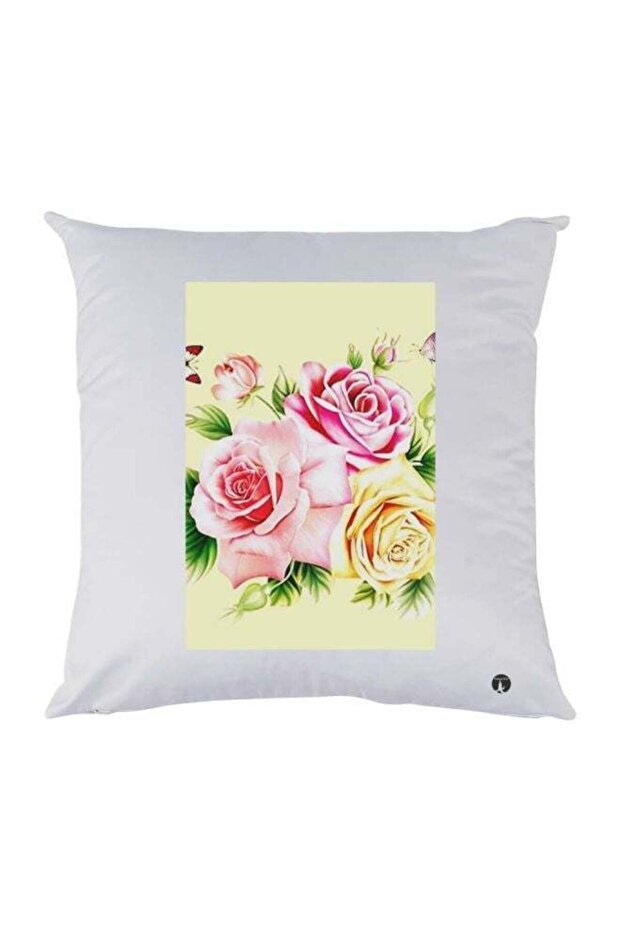 Rose Printed Throw Pillow White/Yellow/Pink 30x30cm