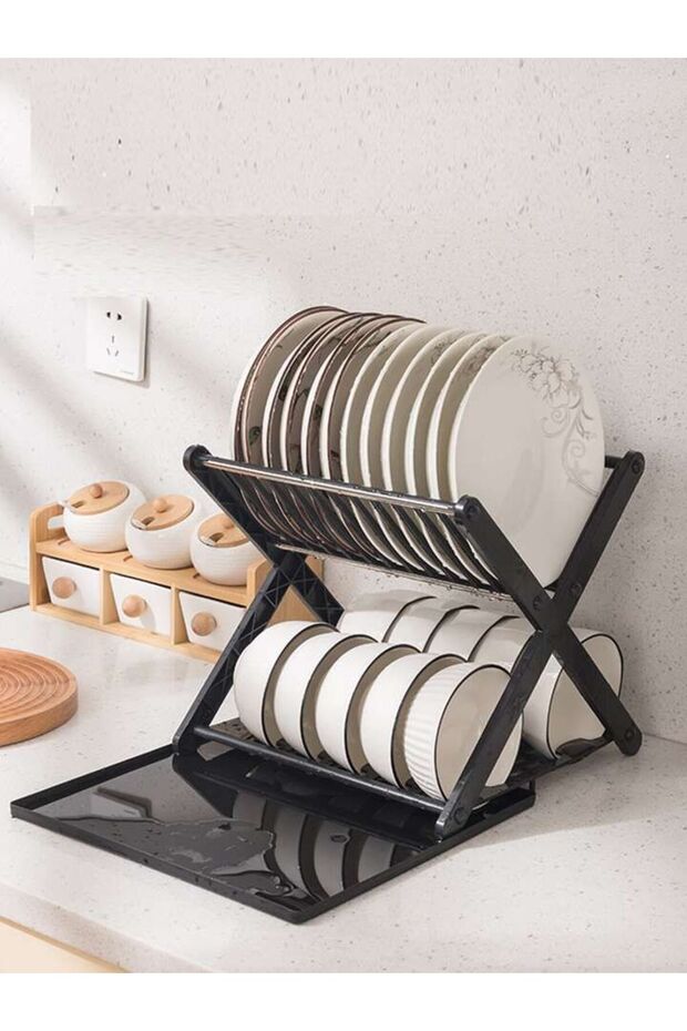 2-Tier Foldable Plastic Dish and Cup Drying Rack - 2