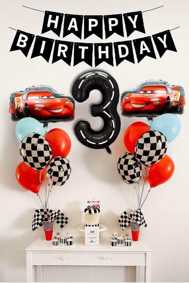 3 Year Old Lightning Car Birthday Party Set Black Number Balloon Happy Birthday Banner Cars Set