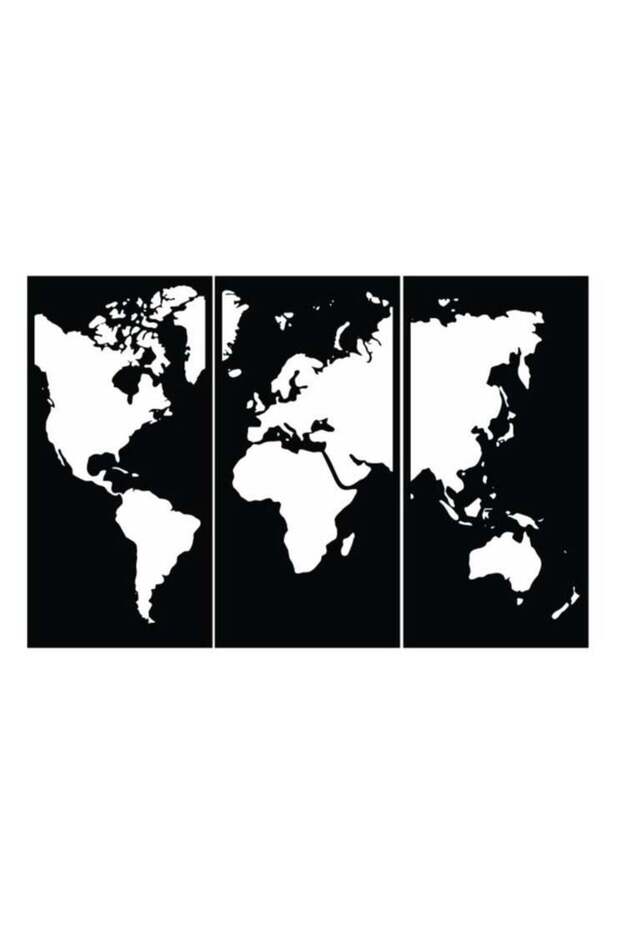 Wooden Wall Art With Self Adhesive Base - Black (World Map in 3 Black Frames)