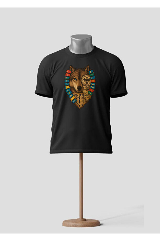 Gray Wolf Printed T-Shirt, Oversize Unisex Black T-Shirt