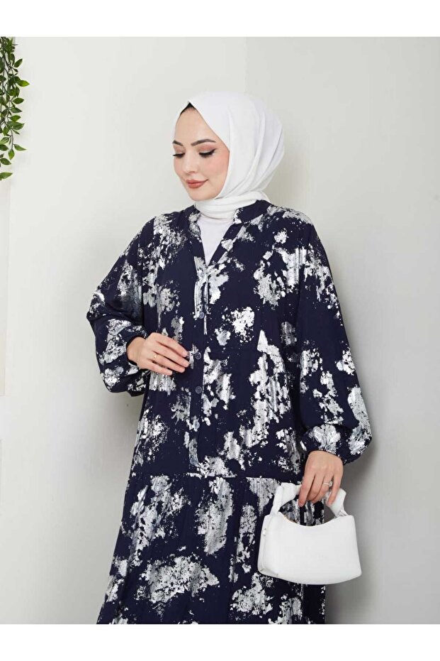 VARAK BASKILI OVERSİZE VİSCON ELBİSE - 1