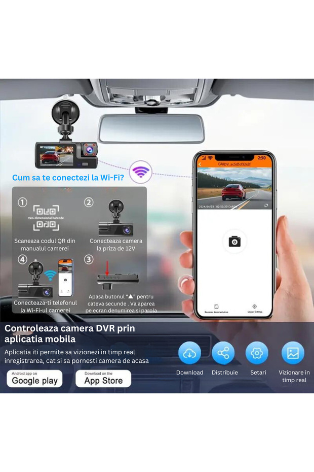 Full HD 1080P Triple Dash Camera, WIFI, Adjustable G-Sensor, Phone App, Night Vision, Loop Recording - 3