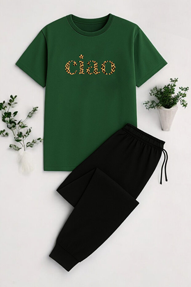 Unisex Green Ciao Printed Top and Bottom Tracksuit Set