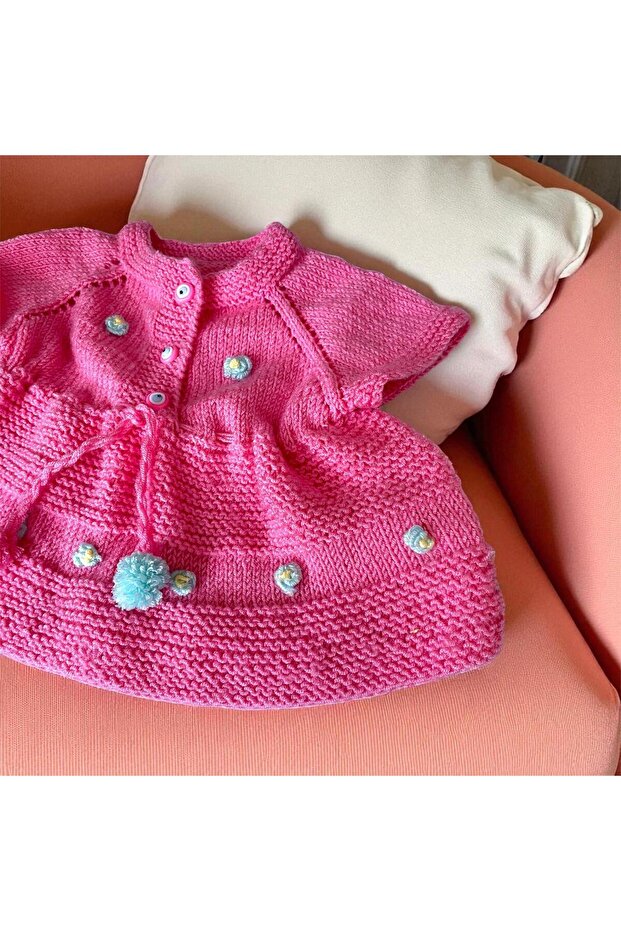 Bebek Çocuk örme El Örgüsü Elbise çiçek nakış işlemeli pembe - 1