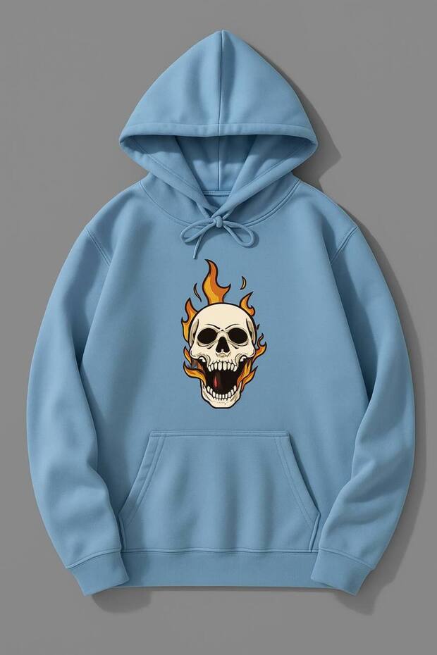 Flame Skull Patterned Hooded Sweatshirt