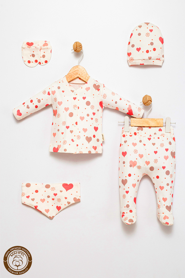 100% Cotton Organic Pink Heart Printed Newborn Hospital Discharge Set 5 Pieces