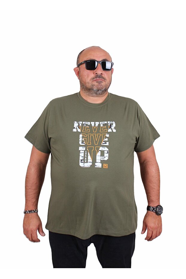 Men's Plus Size Crew Neck T-Shirt Never Give up 25182 Khaki