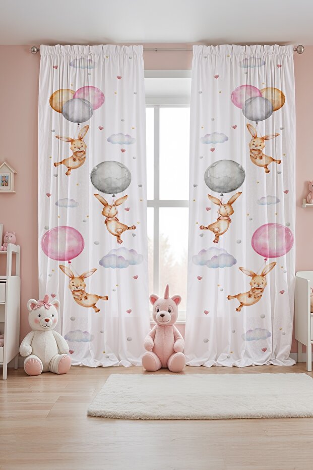 Swinging Rabbit Patterned Children's Baby Room Background Curtain with Balloons (Single Wing Pricing)