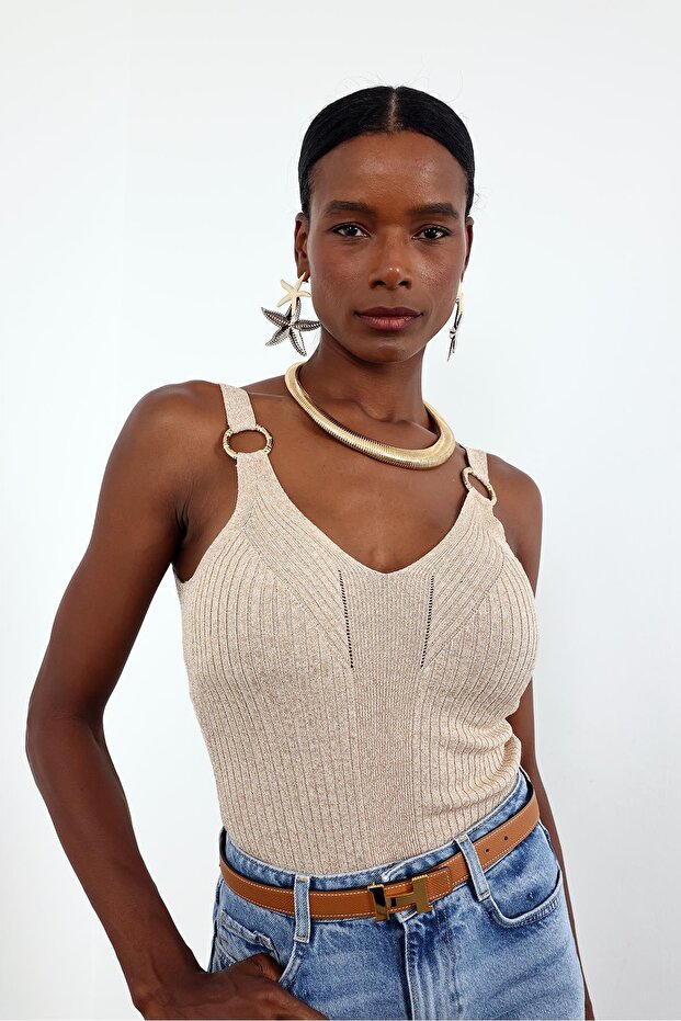 Beige Glitter Threaded Undershirt - 3