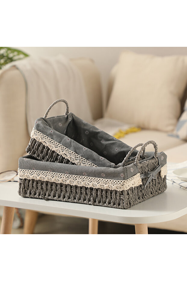 Set of 2 Handwoven Storage Baskets with Handles Rectangular Woven Bins with Removable Fabric Liners