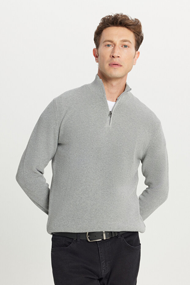 Men's Gray Melange Cotton Zippered Bato Collar Jacquard Standard Fit Regular Cut Knitwear Sweater