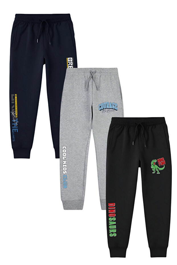 3-Piece Boy's Printed Detailed Pocketed Legs Elastic Track Pants