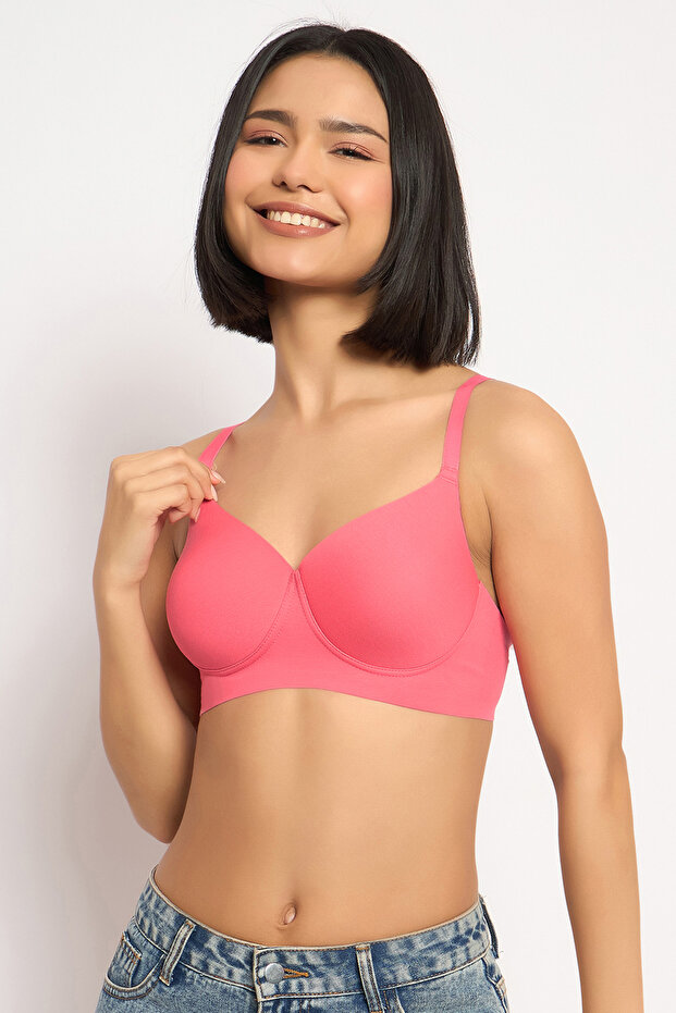 Padded Non-Wired Full Coverage Seamless Bonded Bra in Light Pink - Cotton