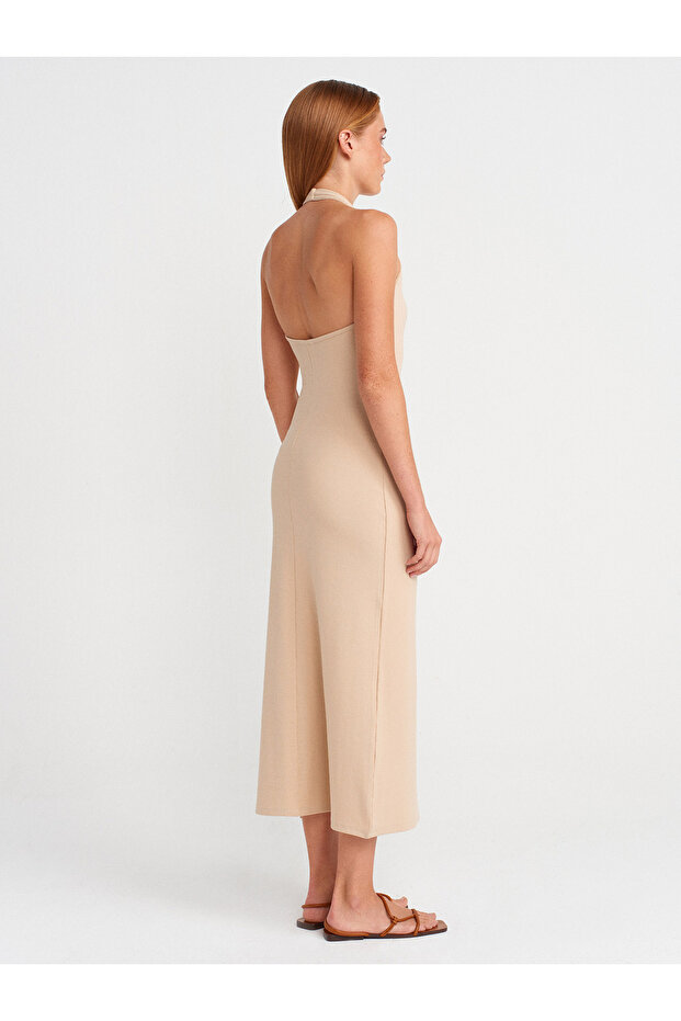 91510 Halter Yaka Midi Elbise-Açık Bej - 2