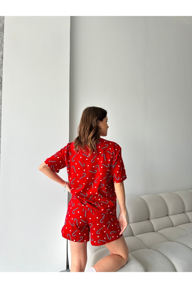 Kırmızı Şeker Kamışı Desenli Kısa Kollu Şortlu Pijama Takımı - 3