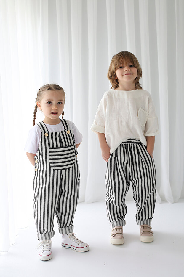 Boy's Black Striped Linen Trousers + Ecru Muslin Back Buttoned Shirt