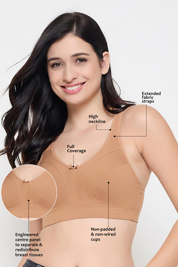 Non-Padded Non-Wired Full Coverage Full Figure Bra in Beige - Cotton