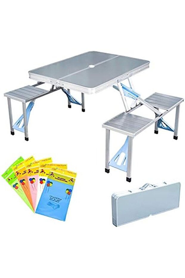 STONCEL Folding Picnic Table and Beach Set, Aluminum Alloy Portable Desk with 4 Seats