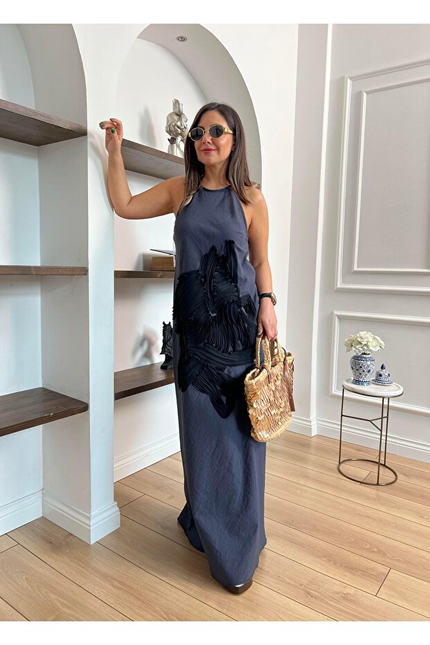 Önü Tül Detaylı Antrasit Uzun Elbise - 6