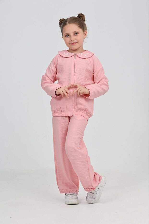 Girl's Collar Embroidered Tracksuit Set