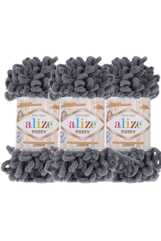 Puffy 3’lü Paket El Örgü İpi - Şişsiz – 100g x 3 Adet – Renk No: 87 - Koyu Gri - 1