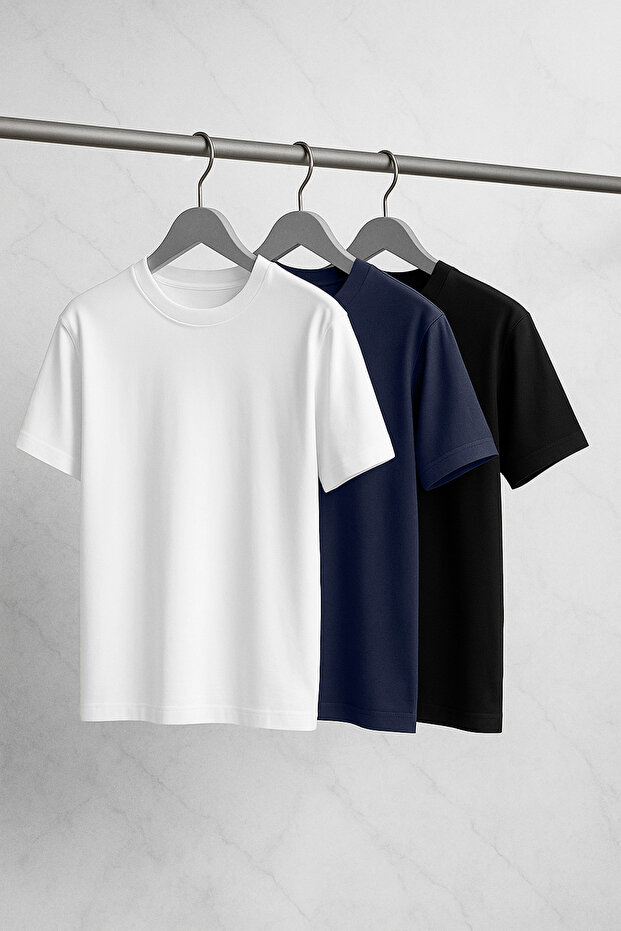 Unisex Siyah-Beyaz-Lacivert Oversize/Geniş Kesim 3'lü Paket %100 Pamuk T-Shirt TMNSS24TS00026 - 1