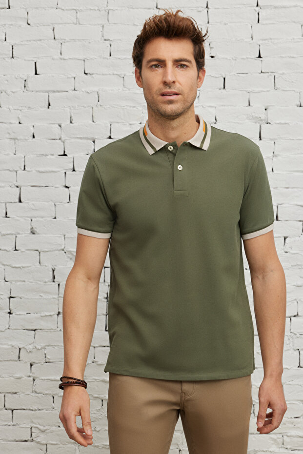Erkek Haki Slim Fit Dar Kesim %100 Pamuk Kıvrılmaz Polo Yaka Tişört - 9