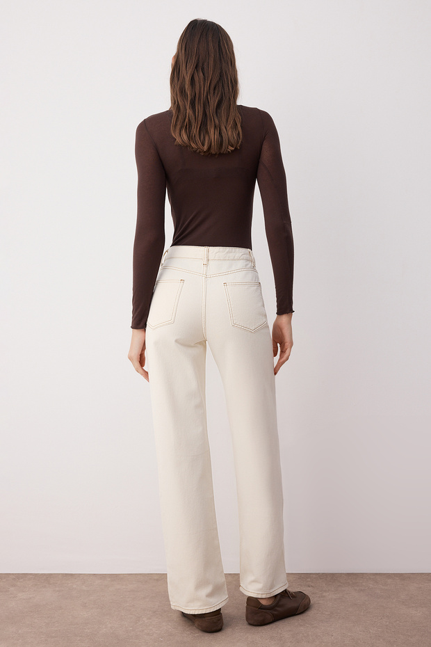 Ekru Yüksek Bel Geniş Paça Wide Leg Jeans TWOAW24JE00274 - 4
