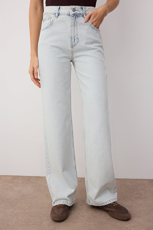 Buz Mavisi Yüksek Bel Wide Leg Geniş Paça %100 Pamuk Non-Stretch Jeans TWOSS23JE00068 - 3