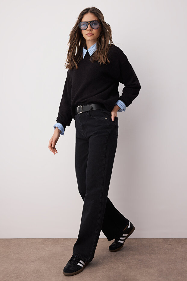 Fekete, magas derekú, széles szárú, füstszínű farmernadrág TWOAW24JE00075 - 1