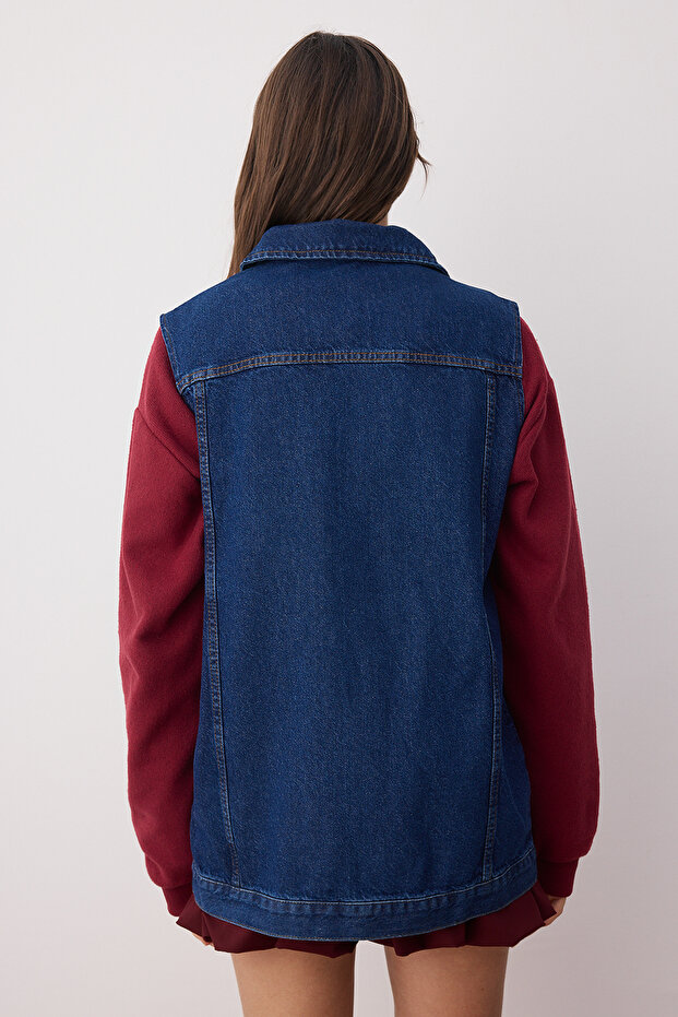 Koyu Mavi Gömlek Yaka Cep Detaylı %100 Pamuk Denim Yelek Ceket TCTAW22CK0006 - 4