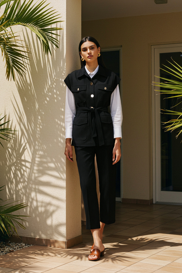 Black Gold Buttoned Vest-Trousers Knitted Set TCTAW22US0062