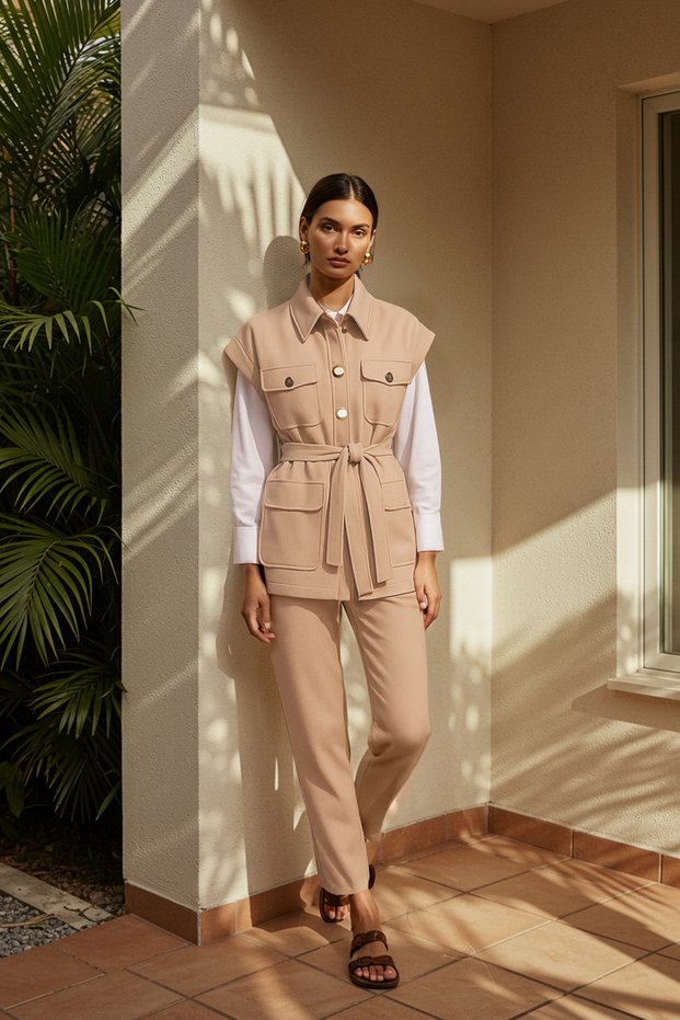 Taupe Gold Buttoned Vest-Trousers Knitted Top and Bottom Set TCTAW22US0062
