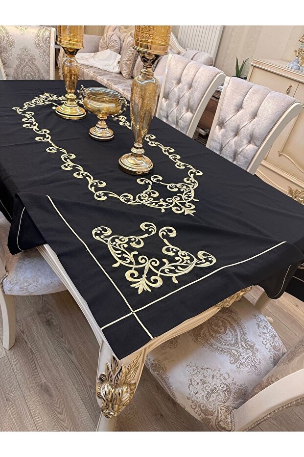 مفرش طاولة مقاوم للبقع مطرز باللون الذهبي اللامع - 8