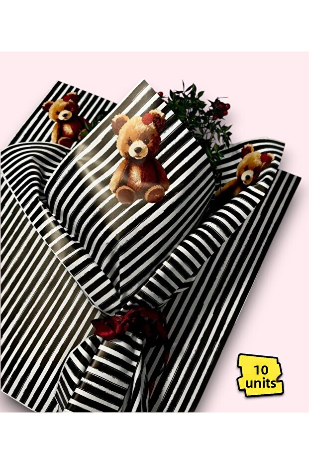 Flower Bouquet Wrapping Paper Gelatin (Black Stripes with Teddy Bear Pattern) White Opp 55X55Cm (10Pcs)