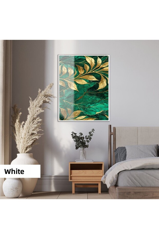 Amazing | Green Gold Leaf Pattern (Emerald) | Framed Tempered Glass Table Single Vertical