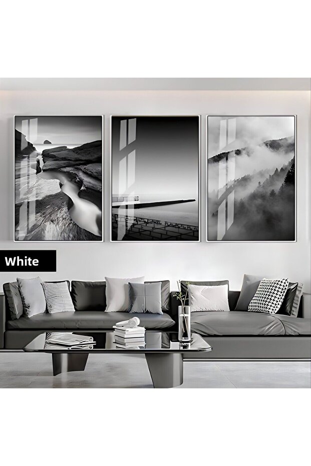 Amazing | Black&White Set Foggy Forest-Cliff Combination | Framed Glass Table 3 Pieces Vertical