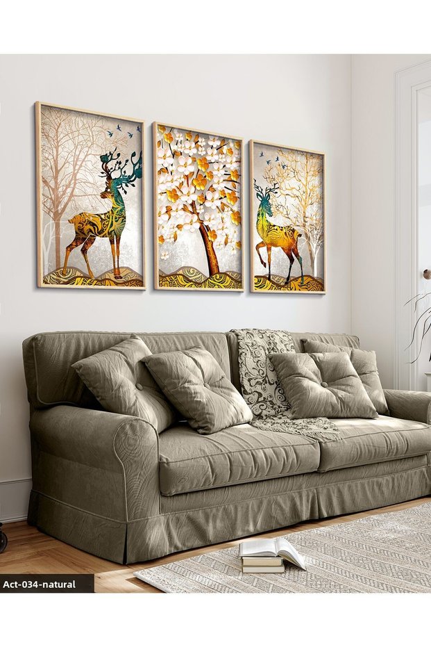 Colorful Deer, Colorful Tree 3 Piece Wooden Framed Painting Act